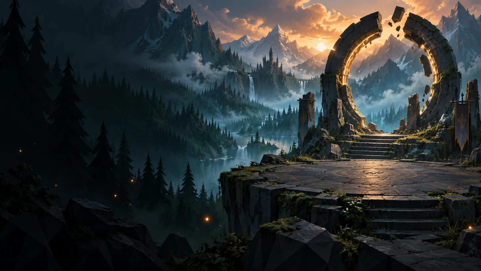 An ancient eclipse gate in a low-poly woodland valley